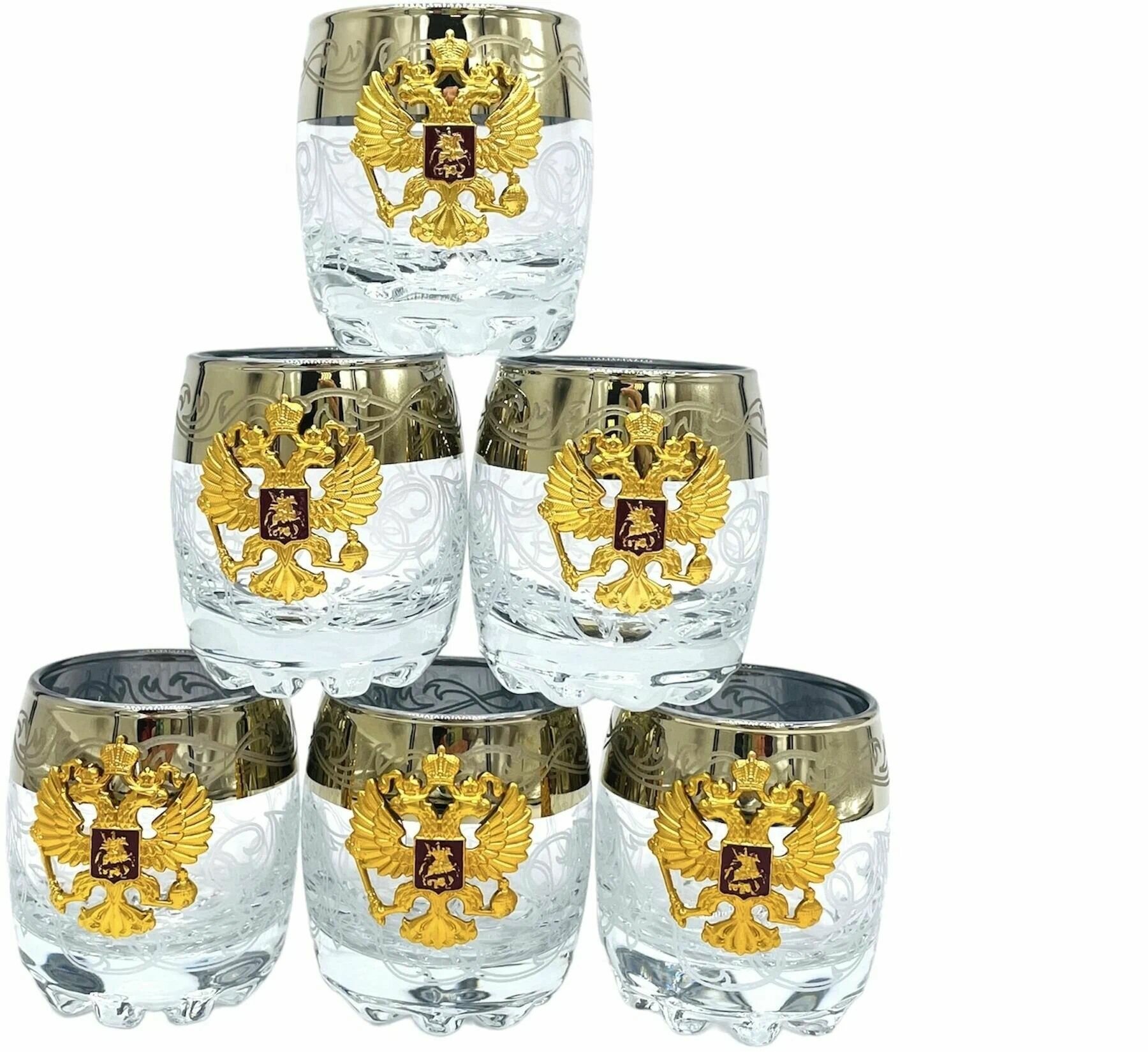 Набор стопок для водки "Сильвана" с лазерной гравировкой и барельефами герб России, 6 шт по 80 мл