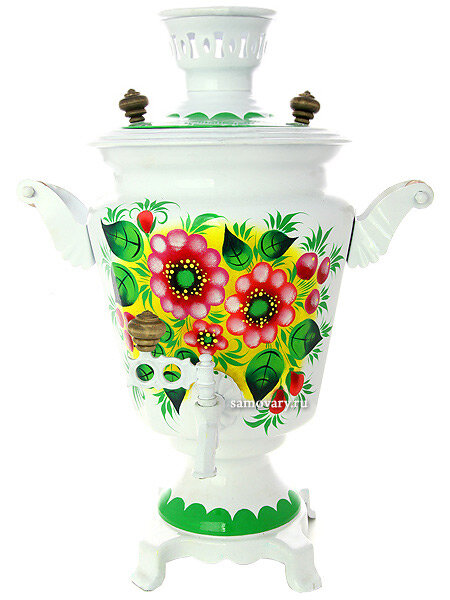 фото Электрический самовар 4 литра с художественной росписью "Жостово на белом фоне", арт. 155607
