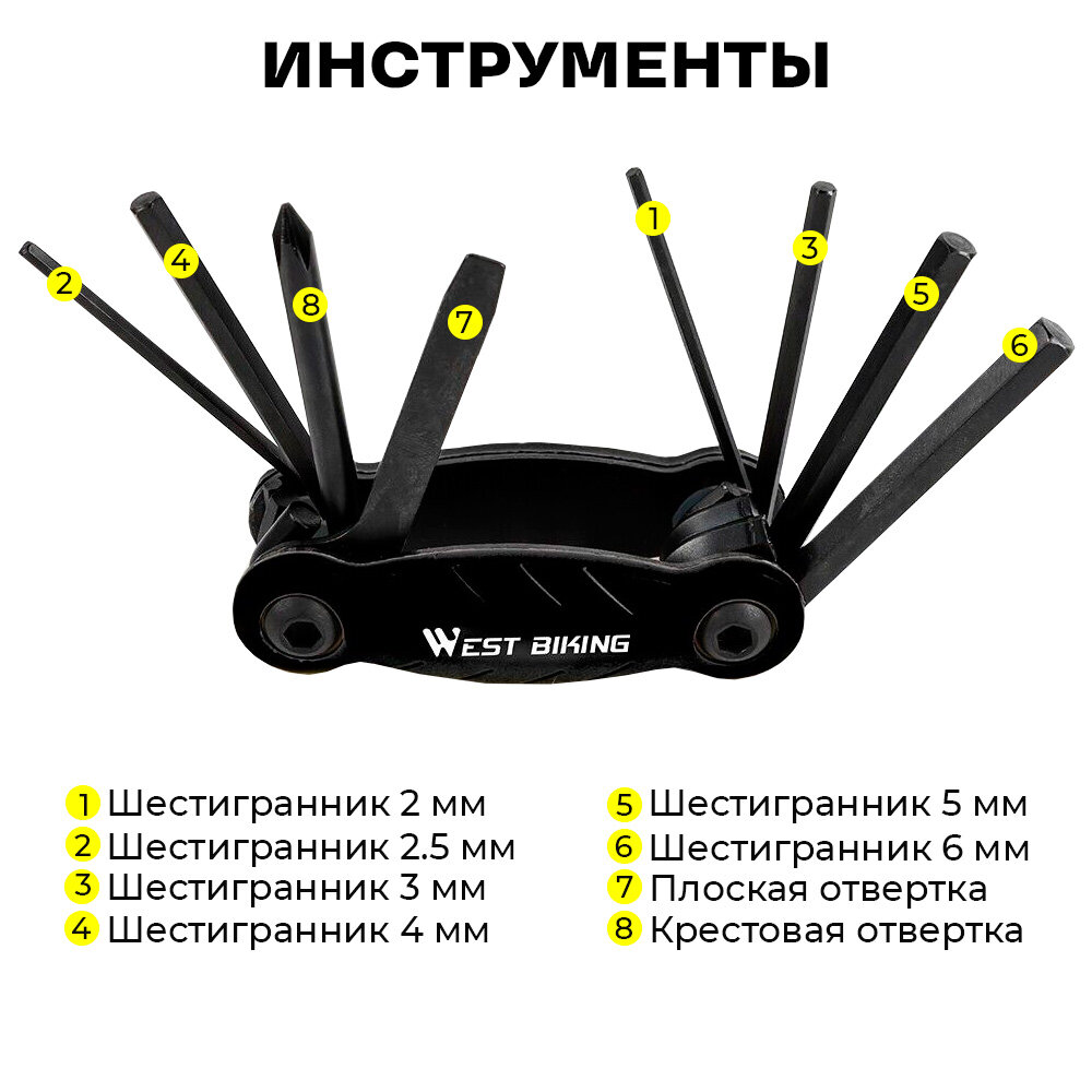 Мультитул для велосипеда, велоинструмент складной 8 в 1 West Biking набор шестигранников, отвертки — фото 1