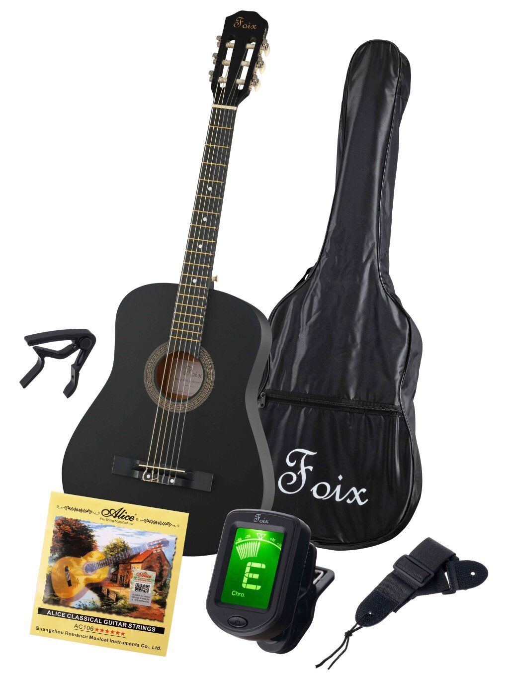 FCG-2038CAP-BK-MAT Классическая гитара с чехлом, ремнем, тюнером, черная матовая, Foix