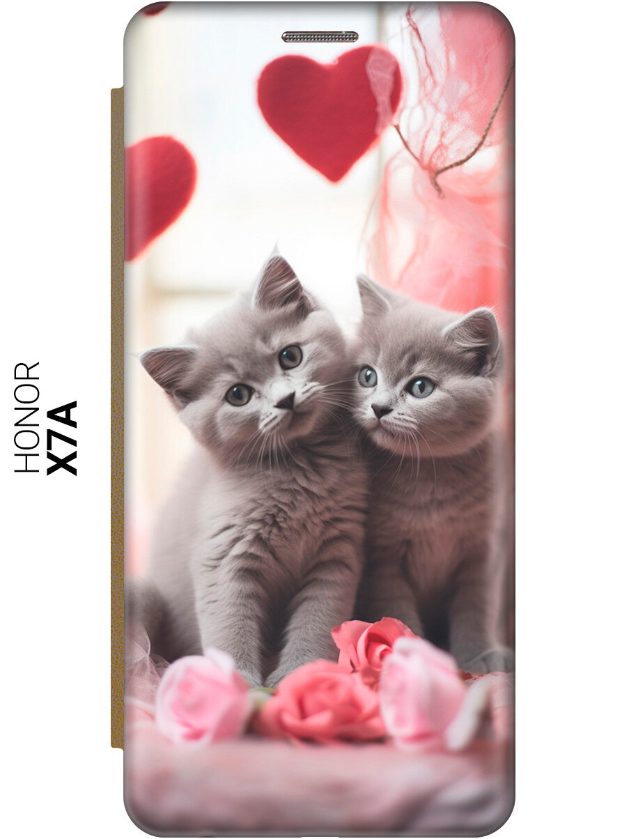 Чехол-книжка на Honor X7a / Хонор Х7а с рисунком "Котики и сердечки" золотой