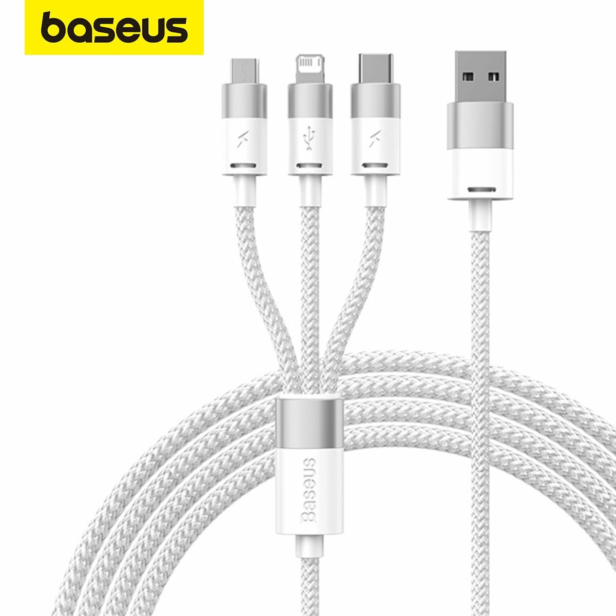 Универсальный Кабель BASEUS StarSpeed One-for-three Fast Charging Data Cable , USB - MicroUSB+Type-C+Lightning, 3.5A, 1.2 м, Белый