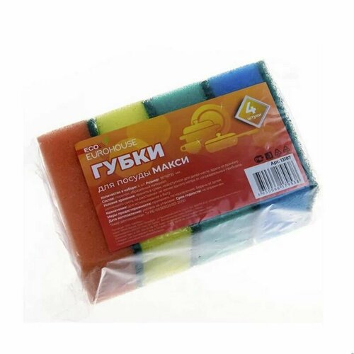 Губка для посуды EcoHouse Макси Набор из 4 штук 90х60х35 мм 492₽