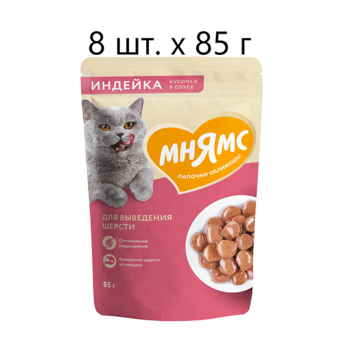 Влажный корм для взрослых кошек Мнямс, для выведения шерсти, с индейкой, 8 шт. х 85 г (кусочки в соусе)
