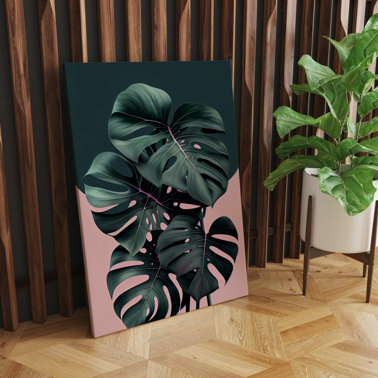 Интерьерная картина на натуральном холсте - Розово-зеленая монстера 30 х 45 см.