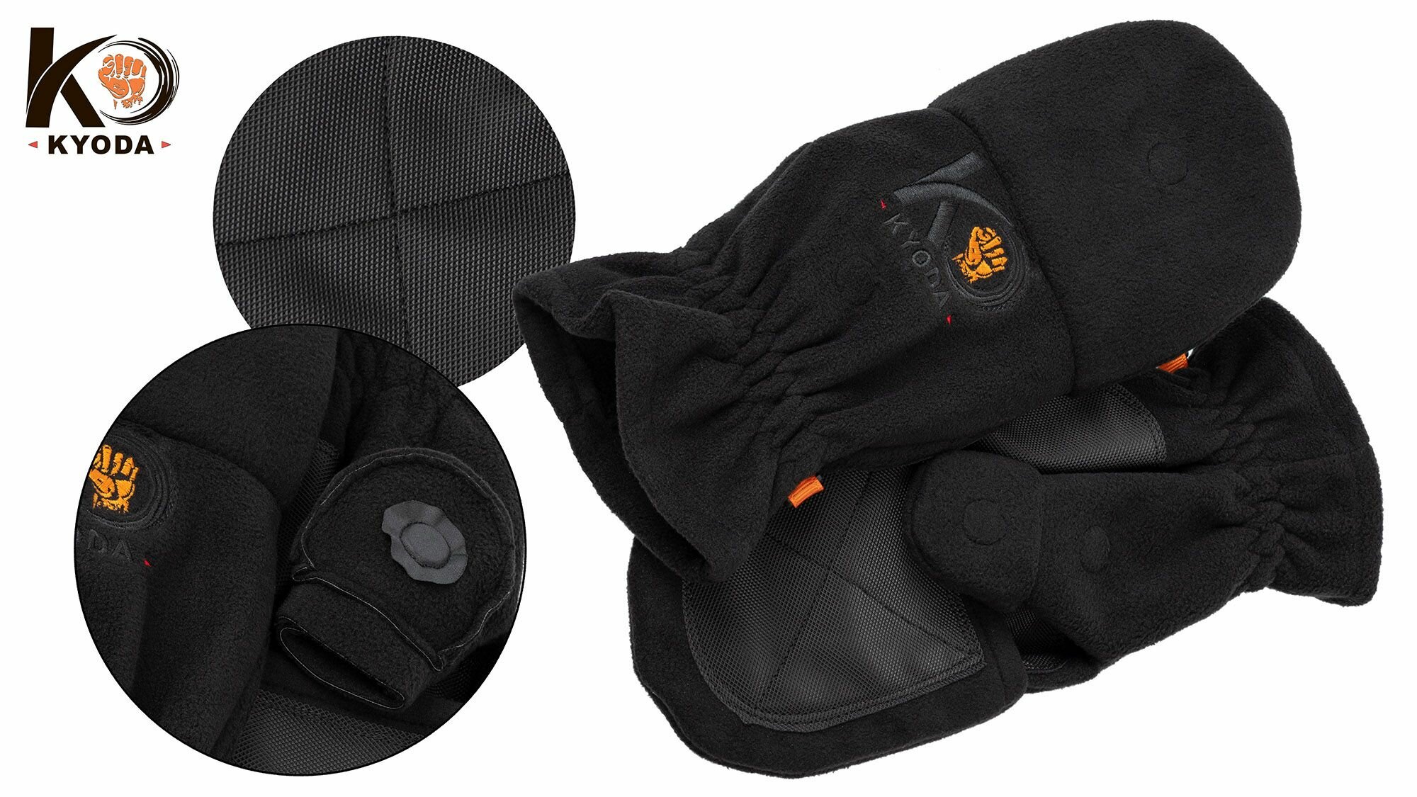 Перчатки-варежки KYODA с откидным верхом зимние, водонепроницаемые, флис, цвет чёрный, размер 2XL