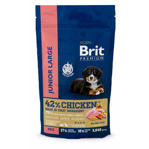Сухой корм для щенков и молодых собак Brit Premium Junior L курица, 3 кг сухой корм для взрослых собак крупных пород с курицей и яблоком 1 кг 2 шт