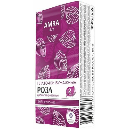 Платочки бумажные Amra двухслойные с ароматом розы 10шт х3шт