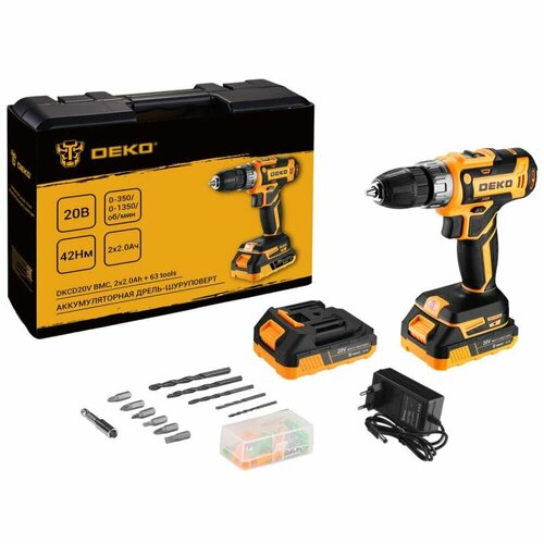 Аккумуляторная дрель-шуруповерт Deko DKCD20V в кейсе набор 63 инструмента для дома 20В 2х20Ач 080-1002 4908₽