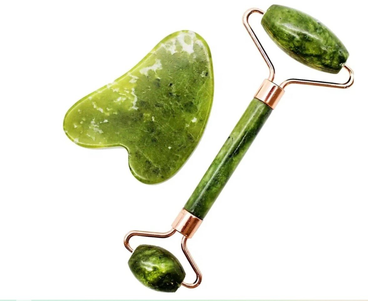 фото Набор массажный роллер и скребок гуаша из нефрита, зеленый/ массажер для лица натуральный камень