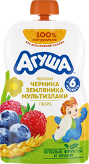 Пюре фруктово-ягодное агуша Яблоко, черника, земляника, злаки, с 6 месяцев, 90г