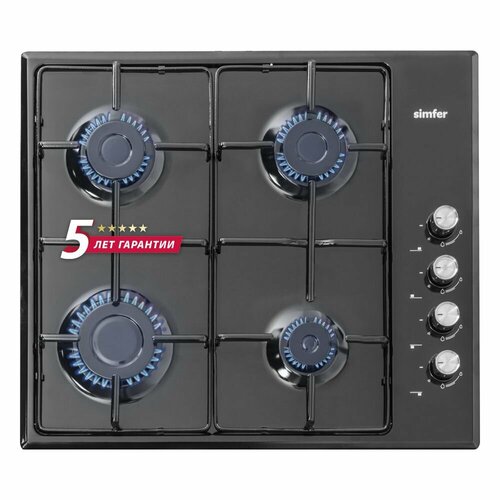 Газовая варочная панель Simfer 60см электроподжиг эмалированная сталь комплект жиклеров для баллонного газа 5 лет гарантии черный 1682400₽