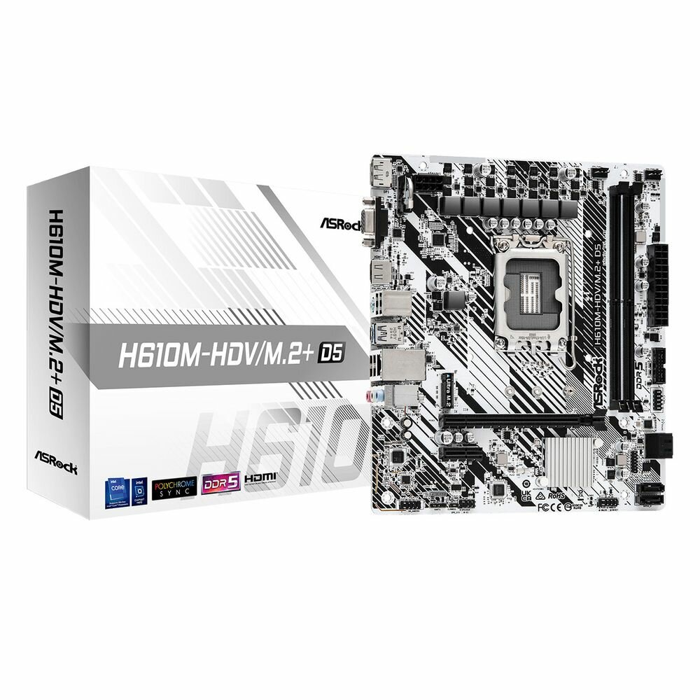 Материнская плата ASROCK H610M-HDV/M.2+ D5, LGA1700, H610, 2*DDR5, DP+D-Sub+HDMI, 4xSATA3 6.0, M.2 Socket, USB 3.2, USB 2.0, mATX; (H610M-HDV/M.2+ D5)