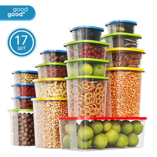 Контейнер для еды и хранения продуктов 17 шт good&good 0,23 л х 6 шт; 0,5л х 4 шт; 0,9л х 2 шт; 1,0л х 2 шт; 2,0л х 2 шт; 3,0л х 1 шт зеленый, разноцветный, синий, красный, желтый