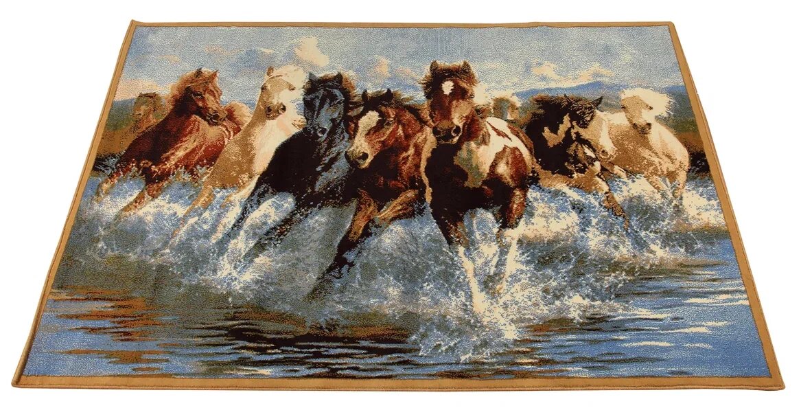фото Шерстяной пейзажный ковер Hunnu 6S910 82 бегущие лошади 1.5 x 2 м.