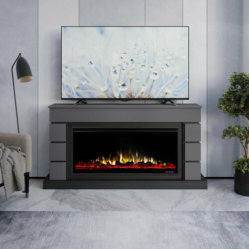 Камин электрический CASCADE с очагом Breeze 42 серый с управлением со смартфона, с дровами и кристаллами, с обогревом (Электрокамин)