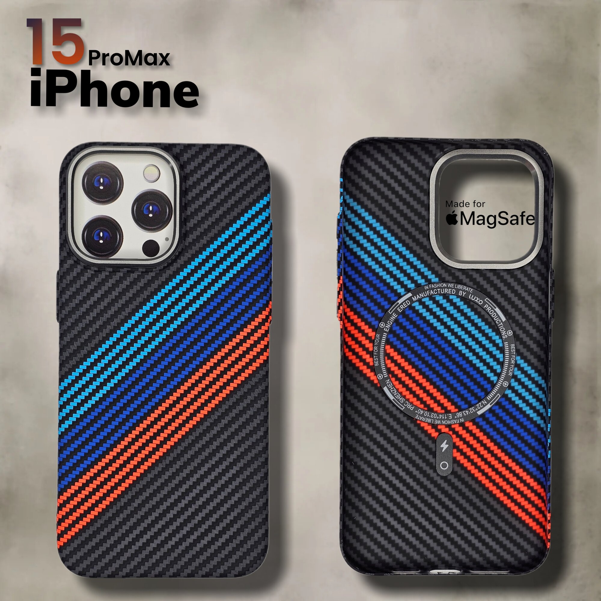 Чехол на айфон 15 Про Макс с МагСейф из Кевлара / чехол на iPhone 15 Pro Max с MagSafe Kevlar LUXO Life+, BMW M стиль карбоновый