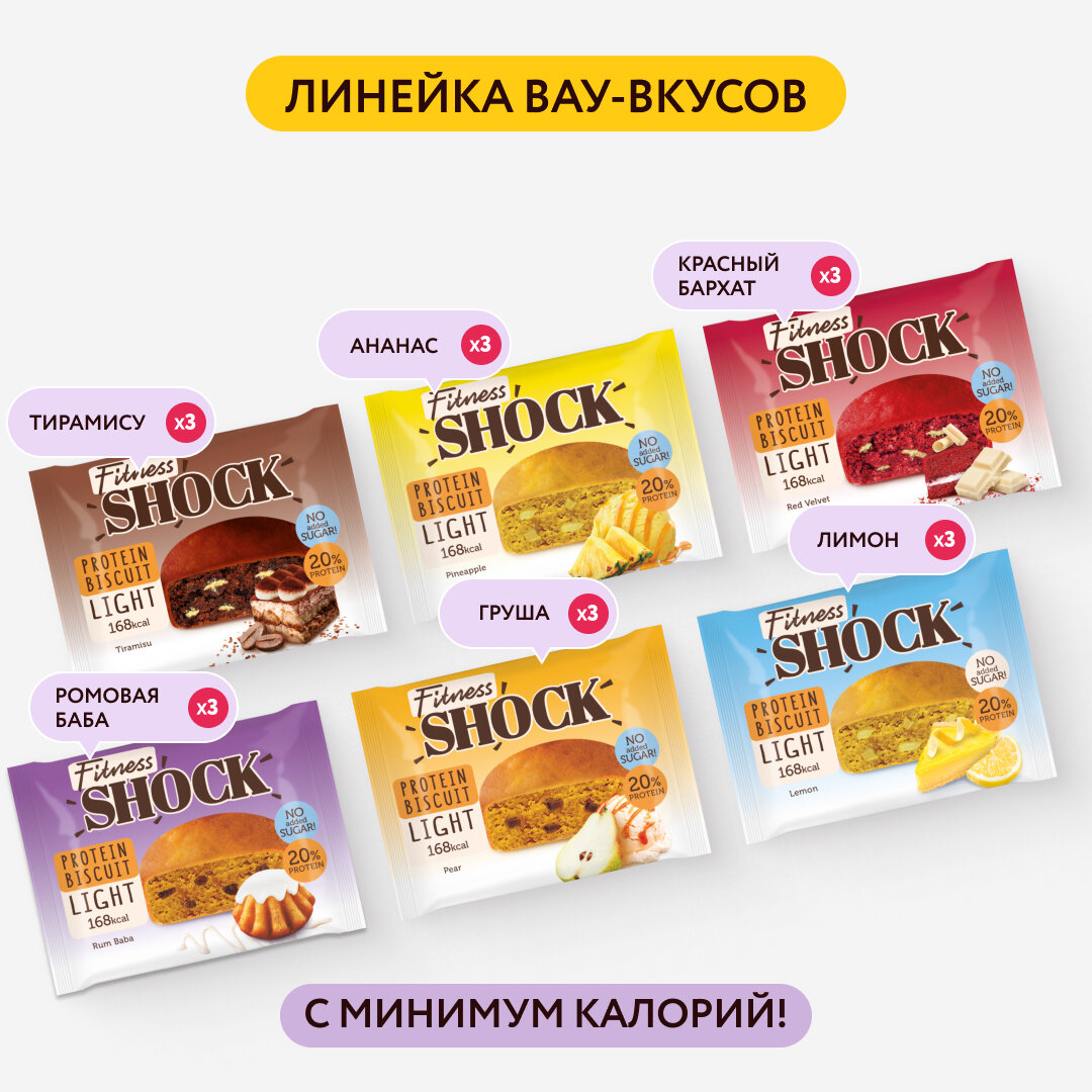 Протеиновое печенье без сахара Бисквиты Ассорти BISCUIT MIX FitnesSHOCK, 6 вкусов, 18 шт — фото 1