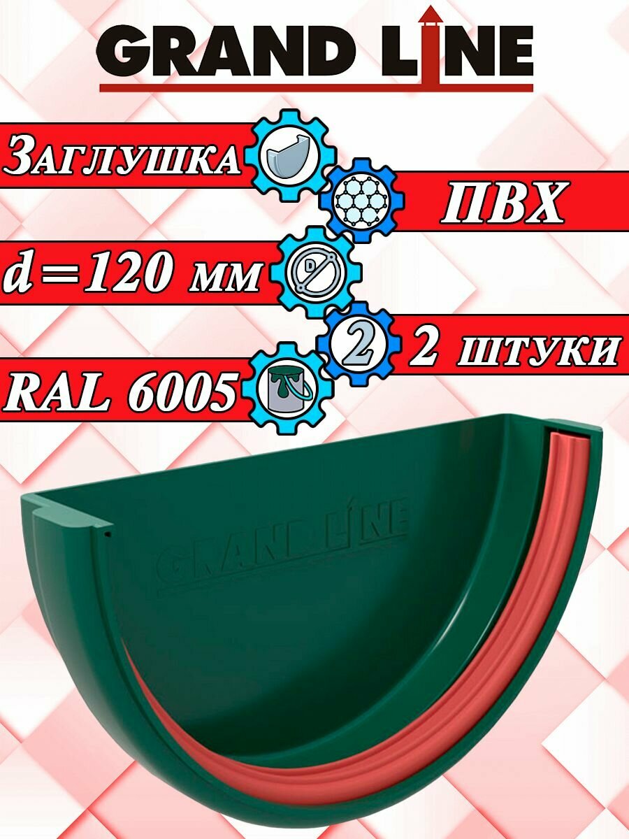 Заглушка желоба 2 штуки Grand Line ПВХ зеленый RAL 6005 (d 120 мм) для водосточной системы Гранд Лайн (120/90) комплект элементов водостока для крыши