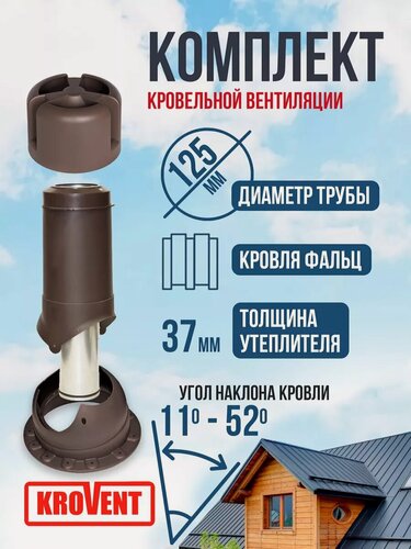 Изображение товара Комплект выход вентиляции утеплённый для готовой кровли из гибкой черепицы и фальца 125/500 KROVENT, коричневый