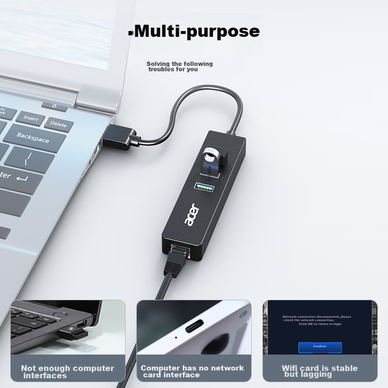 Acer USB 3.0 Hub Gigabit Version, Ethernet Port Converter, RJ45 Adapter, Expansion Dock, Compatible with Apple Mac And Huawei Computers, HUB Adapter — фото 1
