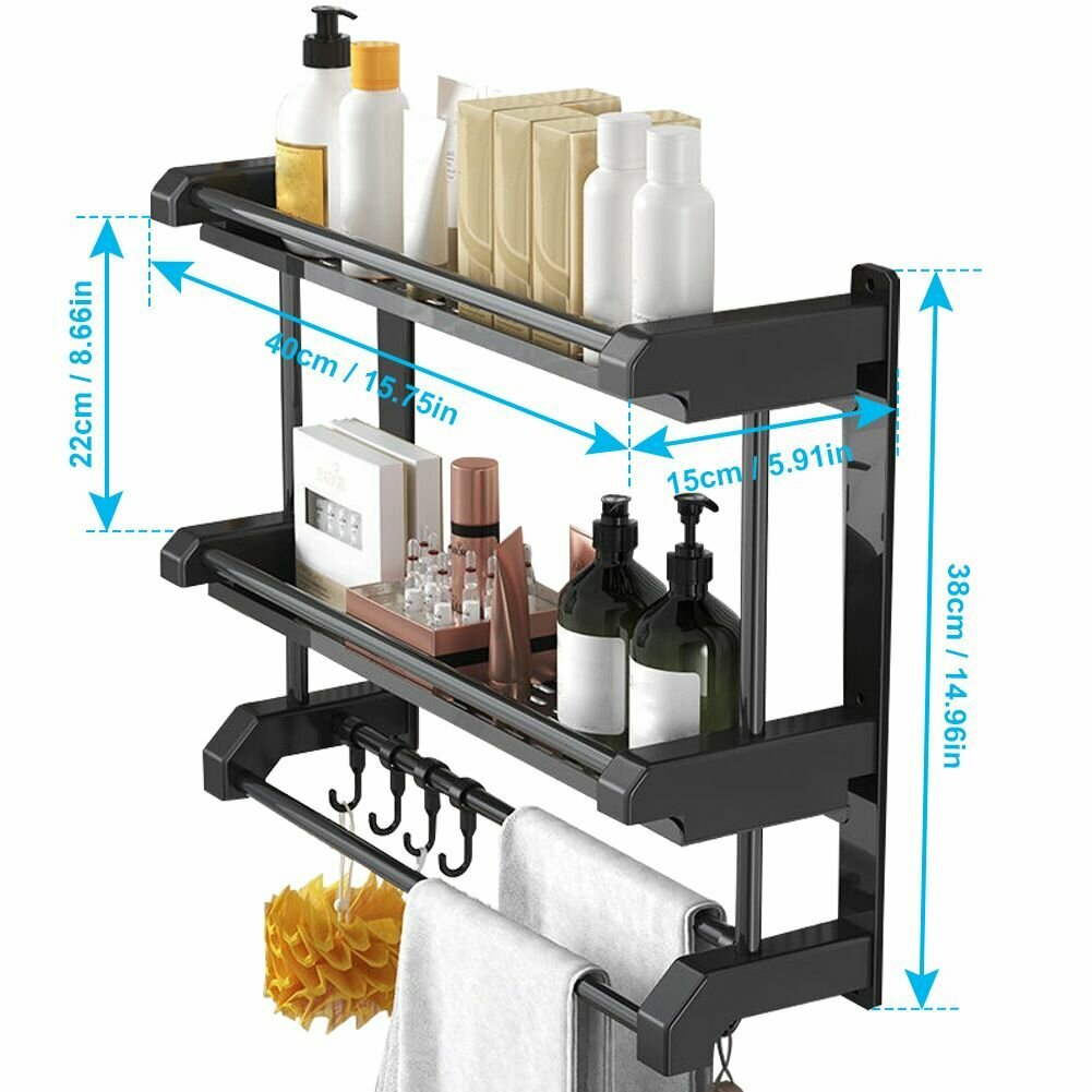 Настенный стеллаж 50 см двухъярусный из нержавеющей стали черного цвета