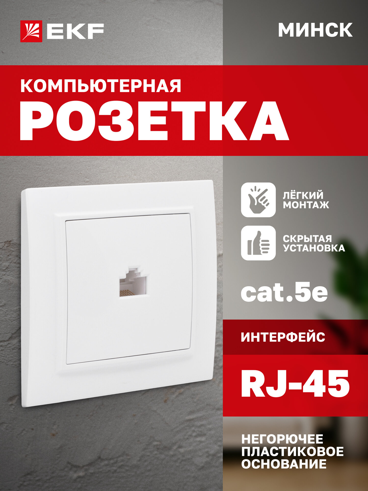 Розетка компьютерная RJ-45 EKF Basic СП Минск LAN (8P8C) для витой пары (сетевого кабеля) ЛВС одинарная (1-местная)