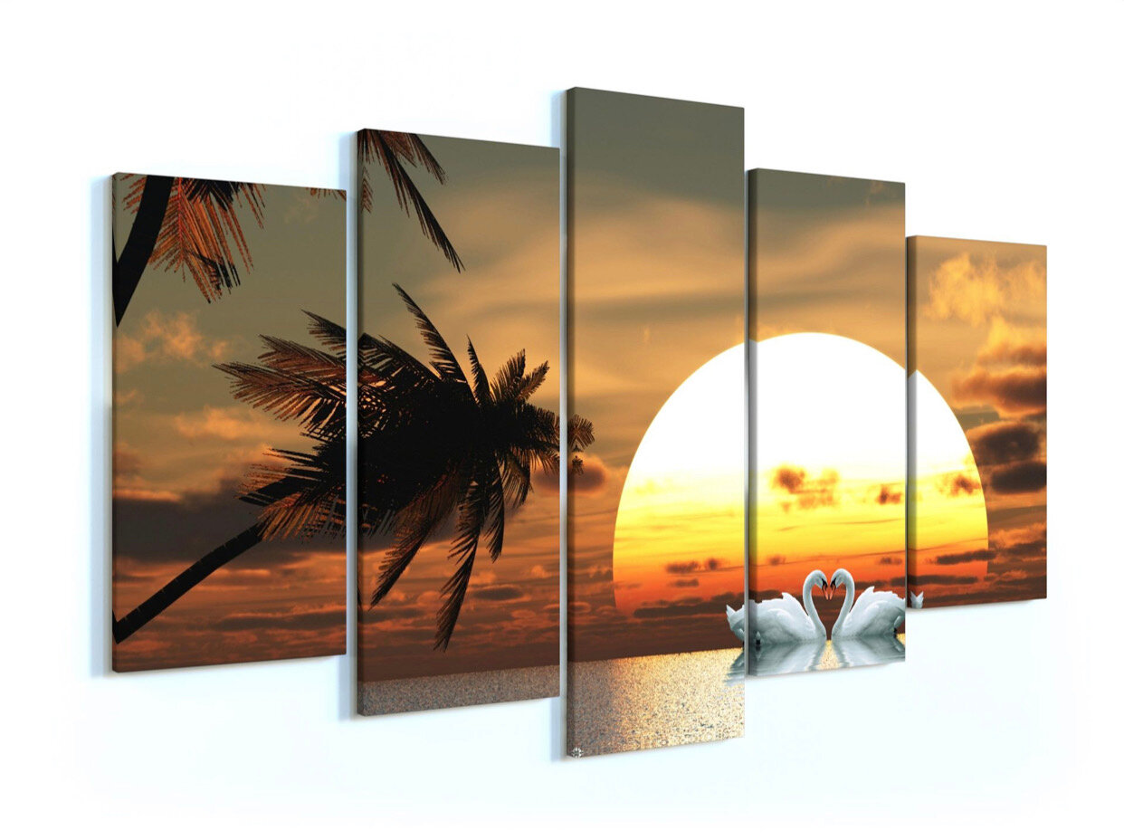 Модульная картина «Лебеди на закате» 140х80 / Картина для интерьера / Модульная картина / Модульная картина на стену / Интерьерные картины