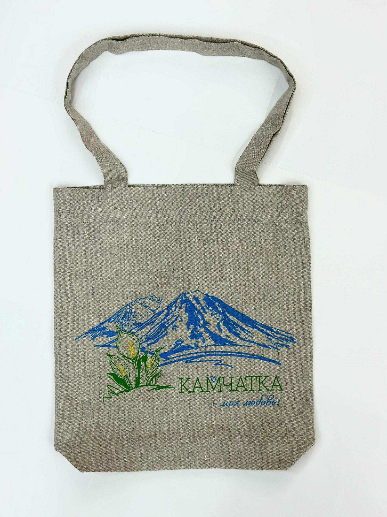 Сумка шоппер Создавая себя  Камчатка   моя любовь   фактура зернистая  серый  бежевый  черный