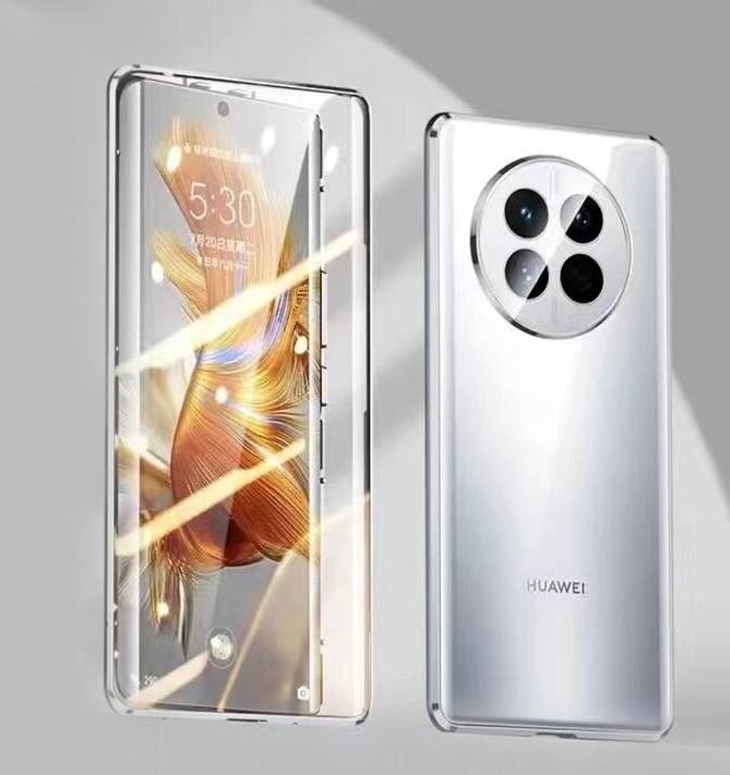 Магнитный чехол бампер, для Huawei Mate 60 Pro / Huawei Mate 60 Pro Plus из закаленного стекла и металла с двухсторонней прозрачной крышкой, металл.