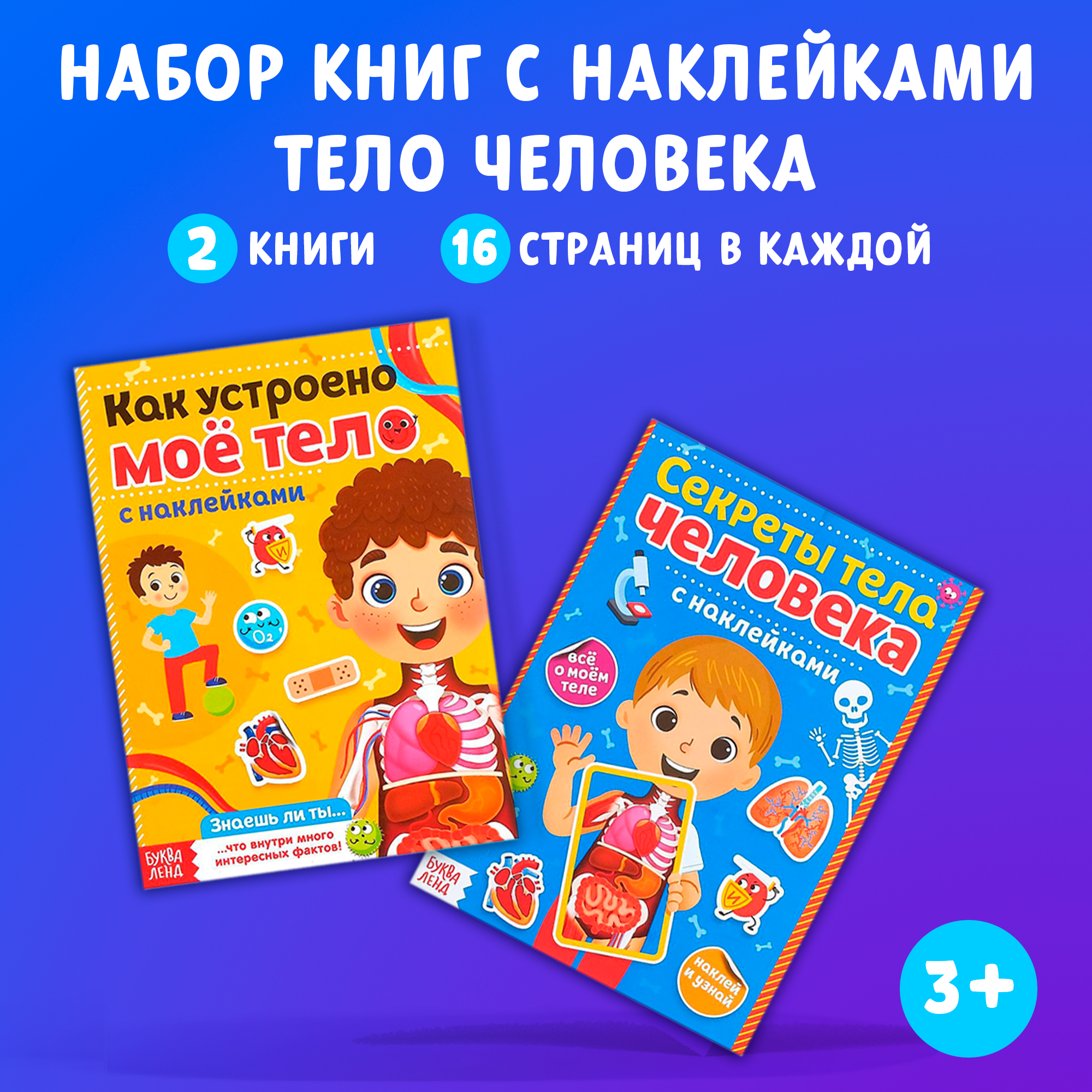 Наклейки "Тело человека", буква-ленд, набор 2 штуки по 16 страниц, развивающие, для детей и малышей от 3 лет