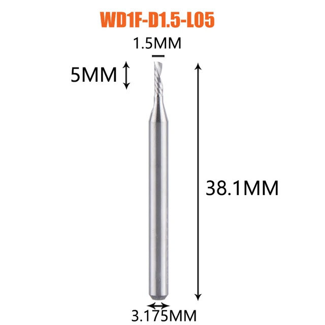 Dreanique чистовая спиральная однозаходная фреза стружка вниз для чпу станка (1.5х5х38х3.175) WD1F-D1.5-L05 11387
