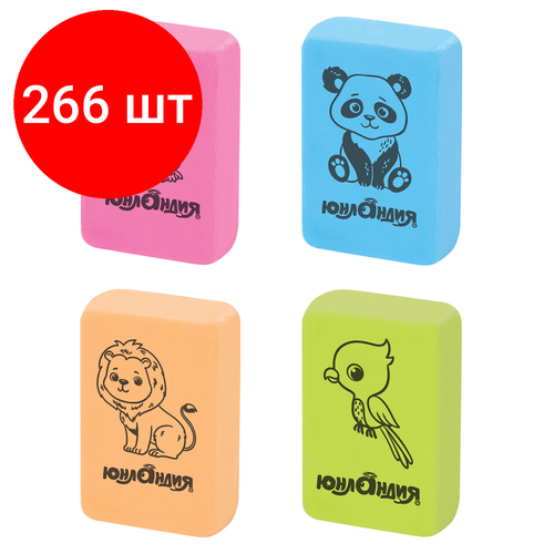 Комплект 266 шт Ластик юнландия Зверушки 28х18х10 мм цвет ассорти прямоугольный 228706 3250₽