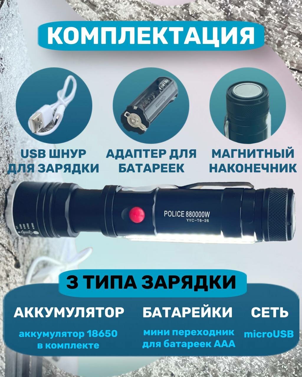 Фонарь ручной мощный светодиодный для отдыха и рыбалки — фото 1