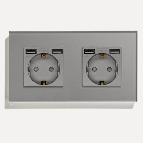 Изображение товара Розетка электрическая 2 поста, с Usb АА, рамка 157х86мм стекло, цвет серый