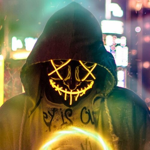 фото Жёлтая светящаяся неоновая маска ночной ужас анонимуса, гая фокса (3 режима свечения, цвет жёлтый) без бренда