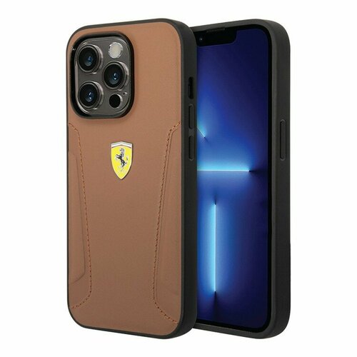 Кожаный чехол для iPhone 14 Pro Max, Ferrari Stamped sides коричневый