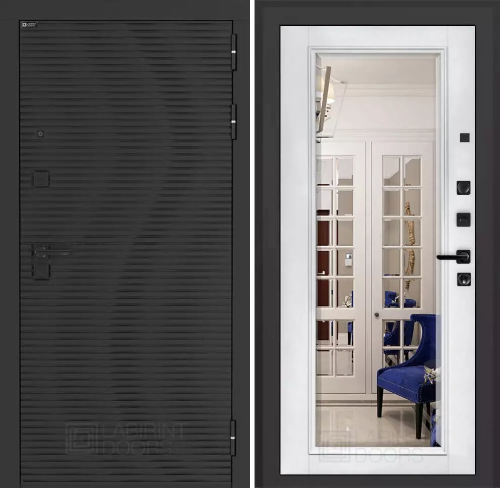 Входная дверь VOLCANO с внутренней панелью зеркало фацет, цвет белый софт, размер по коробке 960х2050, левая