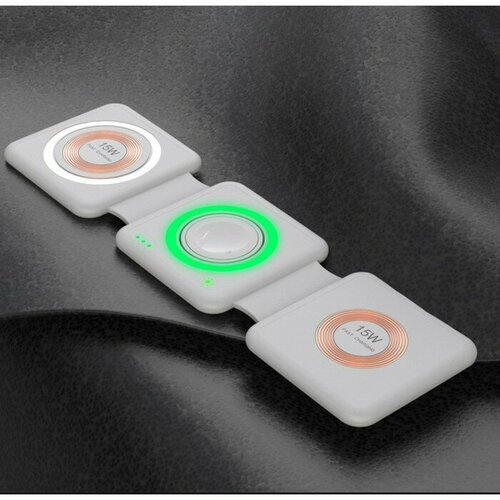 Беспроводная зарядка 3 в 1 H39 15 W подсветка поддержка MagSafe складная стекло белая 3354₽