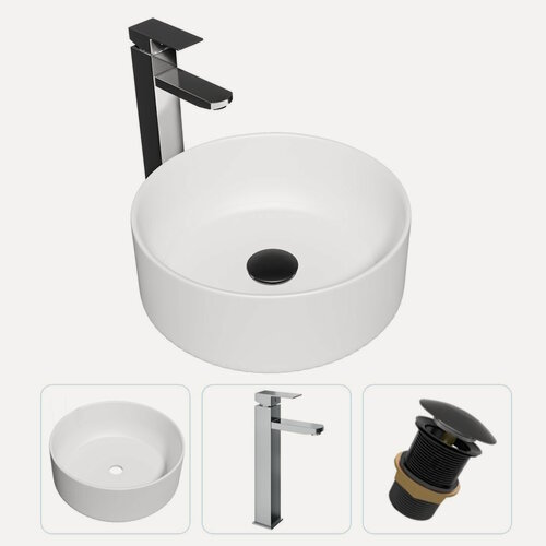 Изображение товара Раковина накладная для ванной Teymi Lina D41 в комплекте смеситель высокий хром и донный клапан клик-клак без перелива черный F01691