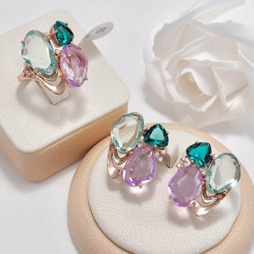 Комплект бижутерии: кольцо, серьги, фианит, размер кольца 18, золотой, бирюзовый