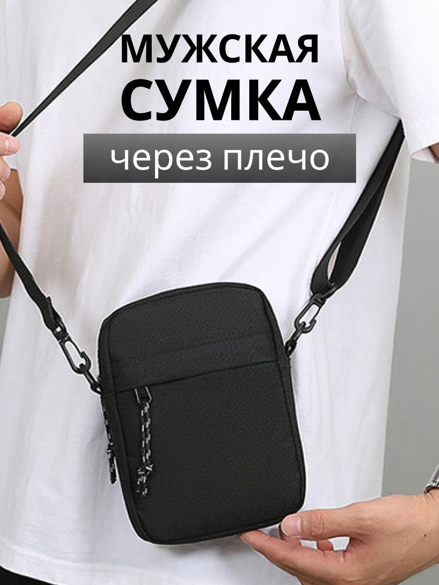 фото Сумка мужская через плечо для документов и телефона маленькая тканевая черная, сумка мужская спортивная на плечо, барсетка тканевая