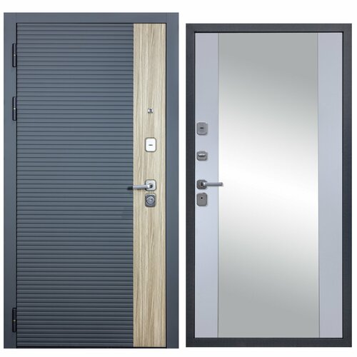 Дверь входная металлическая DIVA-76 Зеркало 2050*860 Левая (Дуб / Серая - Д15 Силк Маус), тепло-шумоизоляция, антикоррозийная защита для квартиры.