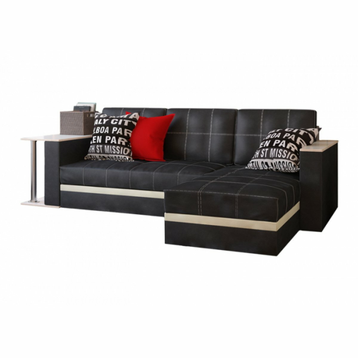 Угловой диван с баром "Атлант" - Черный матовый (кожзам), дуб беленый