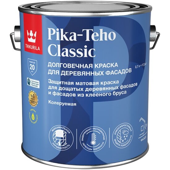 Краска для деревянных фасадов Tikkurila Pika-Teho Classic, матовая, база А, белая, 2,7 л