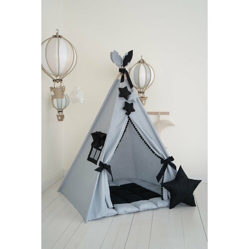 Вигвам детский с ковриком, окошком , подушкой и антискладывателем бежевый зеленый с флажками