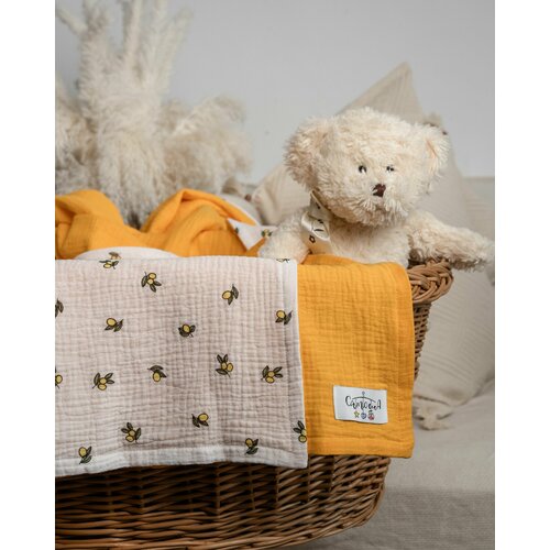 Детский муслиновый пледик на выписку Самошa желтый, оранжевый, зеленый, белый