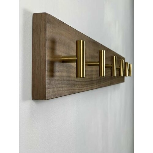 Вешалка из дуба с 5 крючками. Цвет: латунь, коричневый дуб