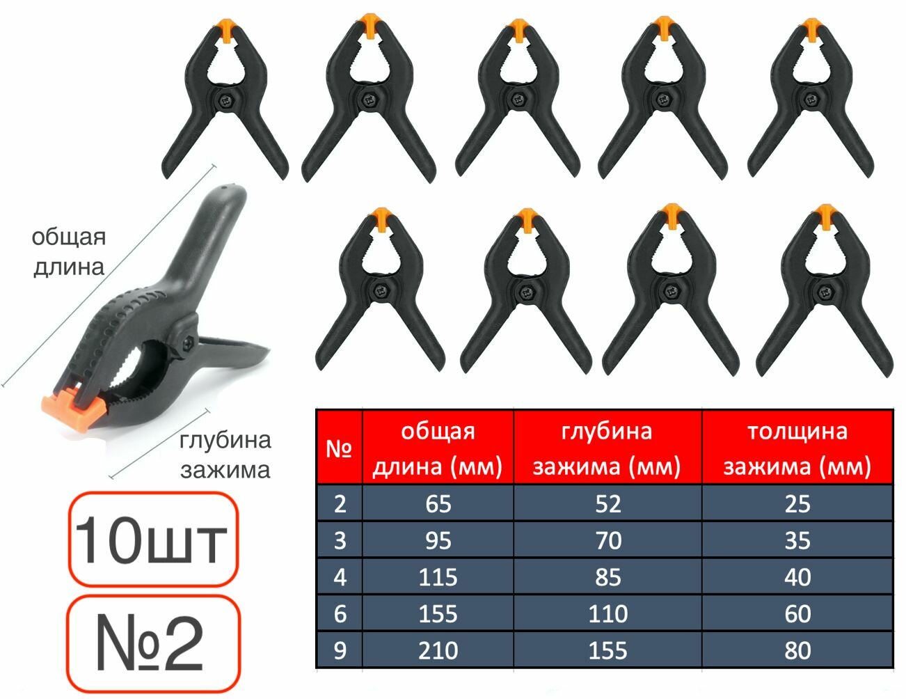 10шт. Струбцина быстрозажимная 52мм/25мм/ №2 /прищепка пружинная/для зажима книг/склейка досок/фанеры-10шт.
