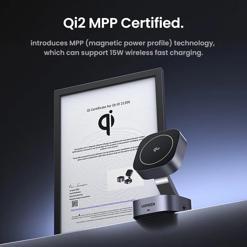 UGREEN Qi2 15 Вт Магнитная подставка для беспроводного зарядного устройства Подставка для зарядки 2-в-1 для iPhone 16 17 Pro Max/AirPods для быстрого зарядного устройства MagSafe, Qi — фото 1